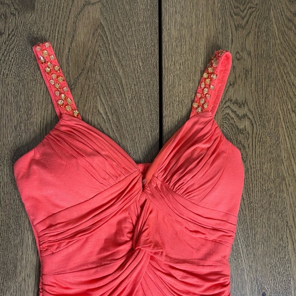 Coral V- Neckline Scrunch Sexy Dress w/Rhinestones Flattering Stretch Size S - Picture 6 of 8